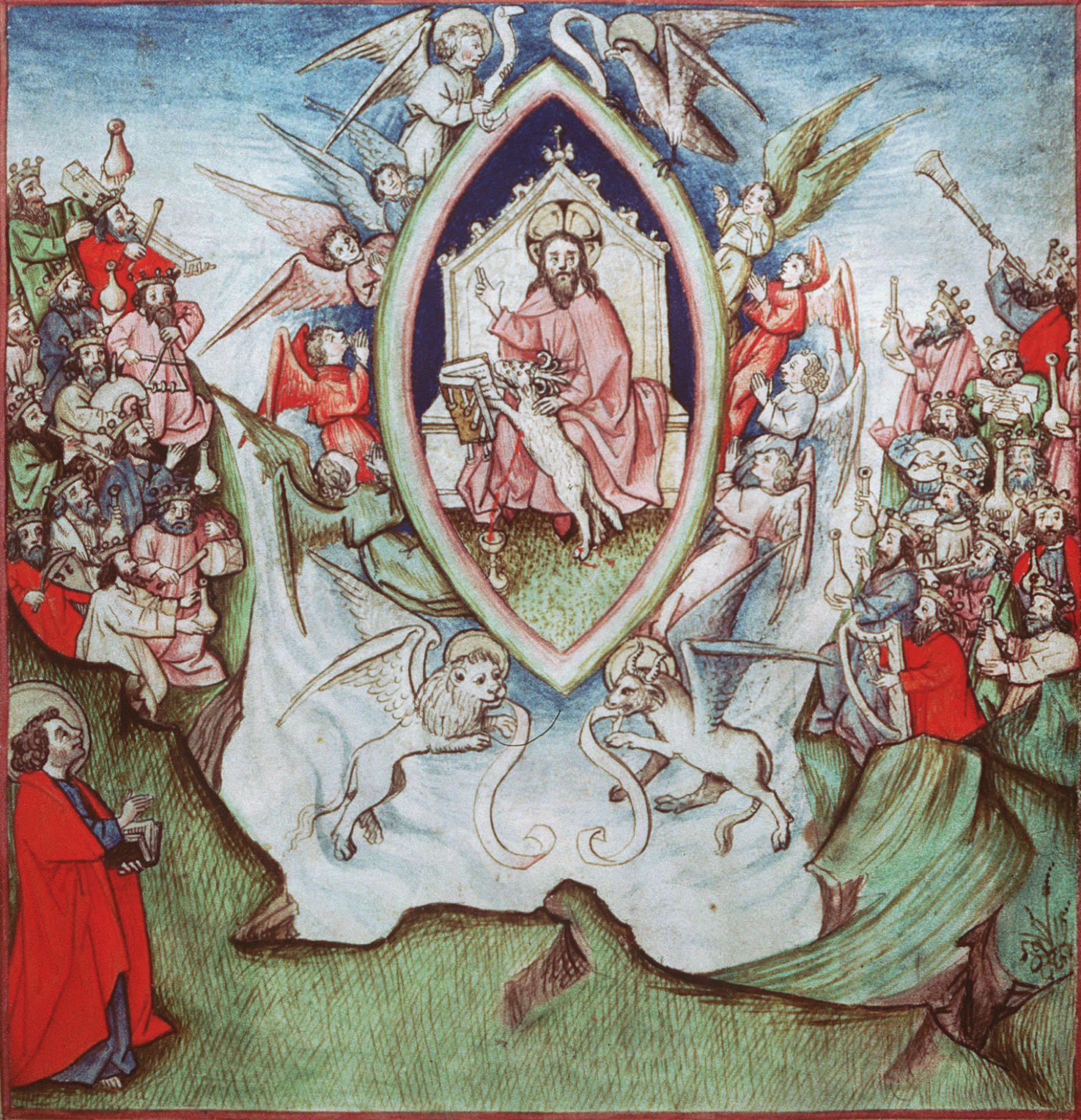 Apocalypse illustrée, page enluminée, l'Adoration des vieillards, détail