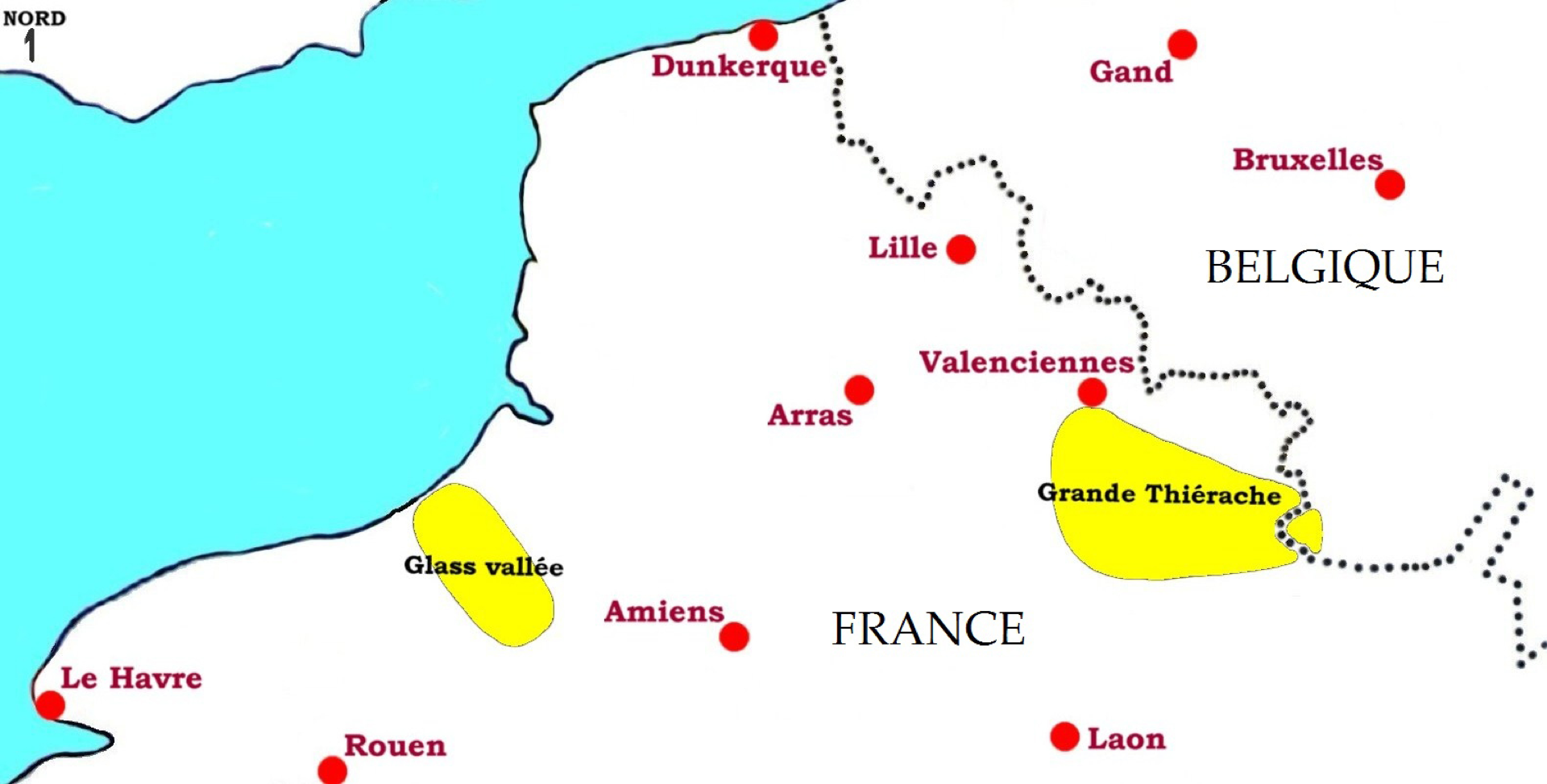 Carte de la Grande Thiérache (Aisne, Ardennes, Wallonie) en France et Belgique et de la vallée de la Besle dite Glass Vallée en Normandie