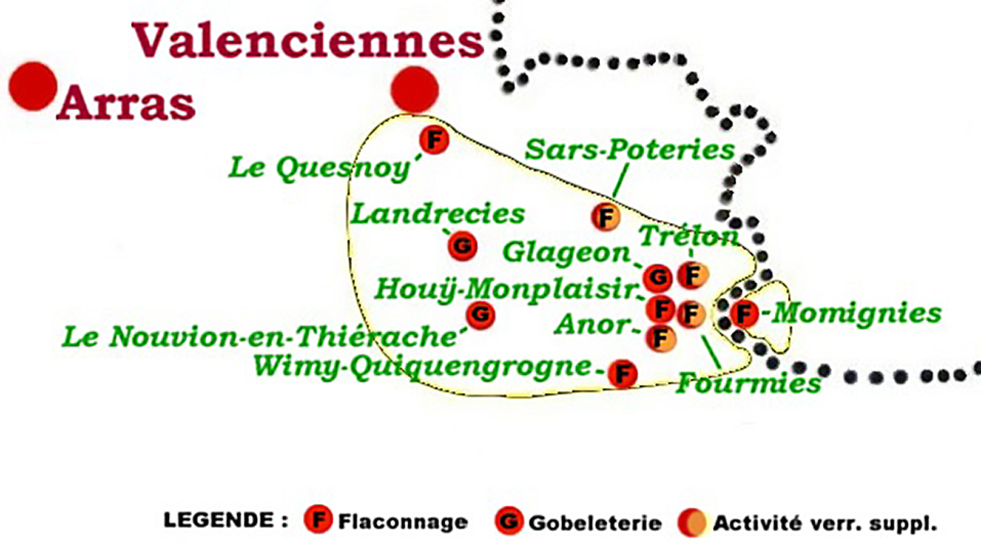 Carte des verreries de verre blanc de la Grande Thiérache, France et Belgique, première moitié du 20e siècle
